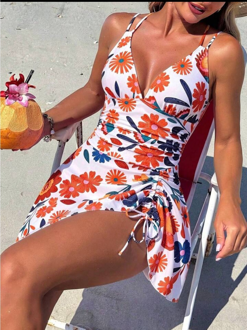 Floral crossed V neck Swim Dress Size M -6 New